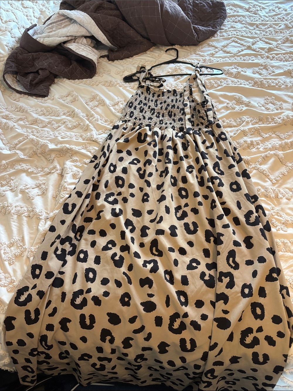 SHEIN Beige and Black Leopard Print Smocked Sundress
